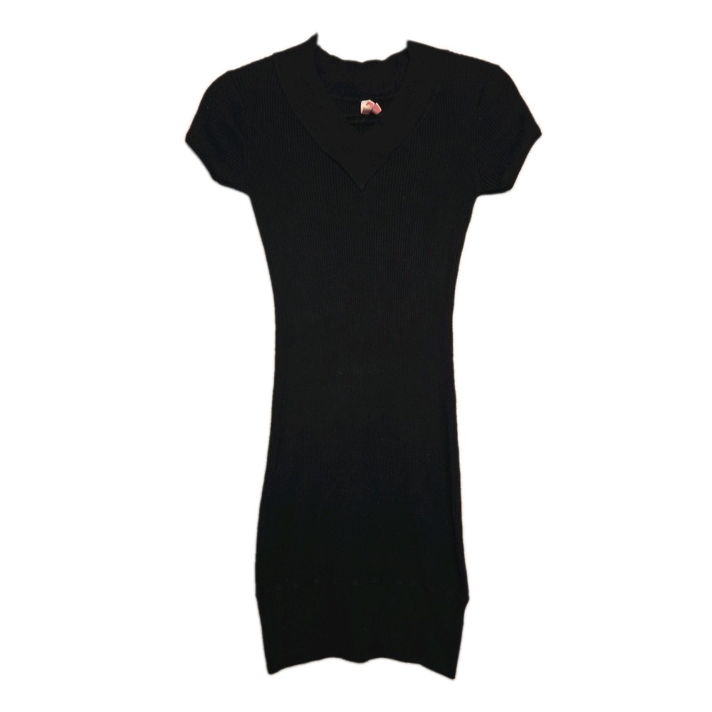 Derek Heart Black Knit Sweater Dress Juniors Medium Ribbed Bodycon V-Neck Casual